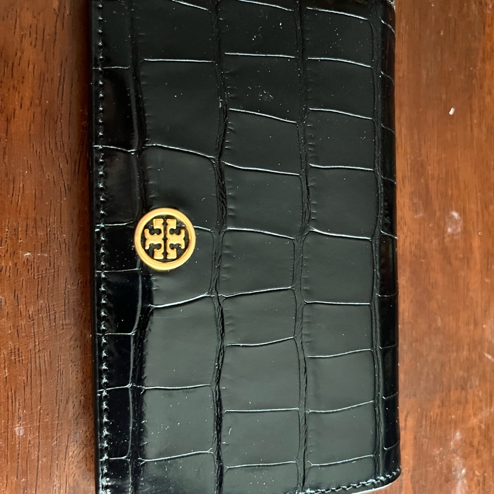 Tory Burch Black Croc-Embossed Clutch with Gold Accent